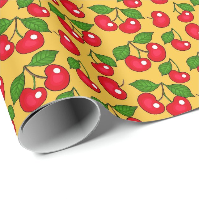 Retro Cherry Design/Gult Presentpapper (Rullad Hörn)