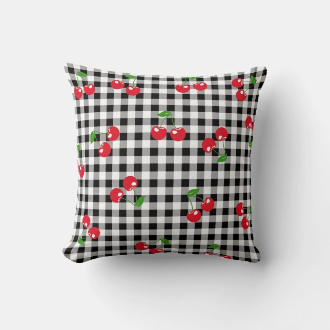 Retro Cherry Gingham Cute Red & Black Checkated Kudde (Framsida)