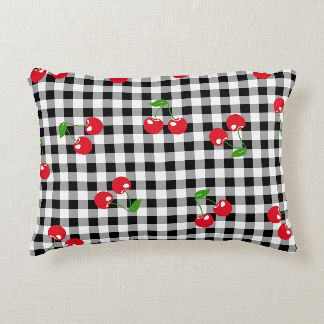 Retro Cherry Gingham Cute Red & Black Checkated Prydnadskudde (Framsidan)