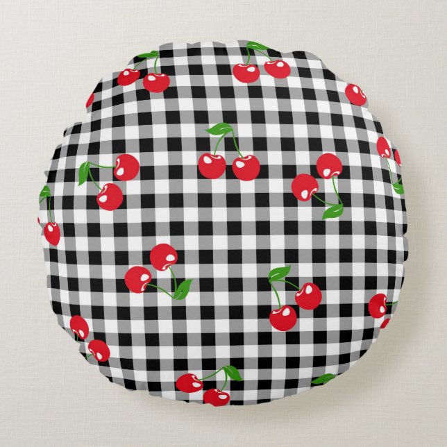 Retro Cherry Gingham Cute Red & Black Checkated Rund Kudde (Framsidan)