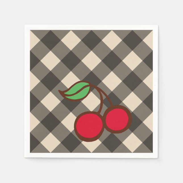 Retro Cherry Gingham Picnic Party Napkins Pappersservett (Framsidan)