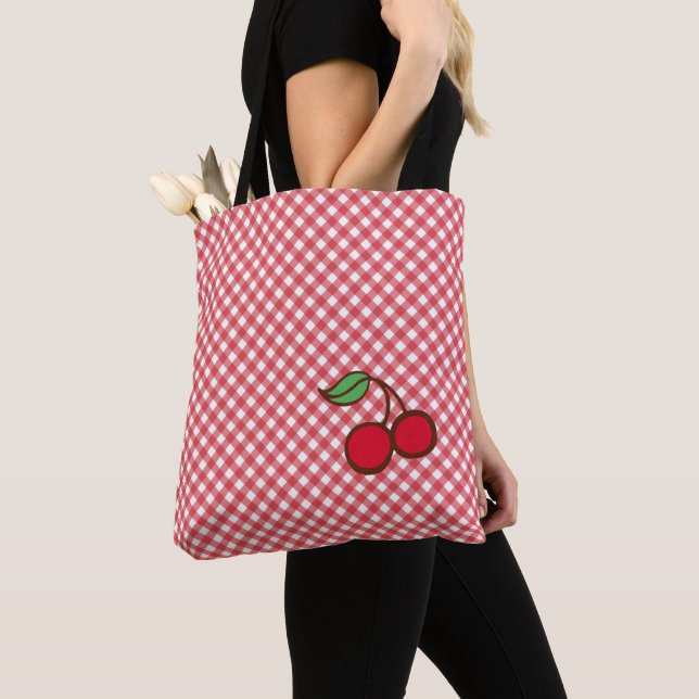 Retro Cherry Gingham Purse Tote Bag Gift Tygkasse (Närbild)