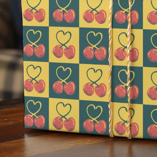 Retro Cherry Heart Shaped Stems Teal Mustard Check Presentpapper