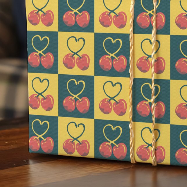 Retro Cherry Heart Shaped Stems Teal Mustard Check Presentpapper (Retro cherry wrapping paper with heart-shaped stems in teal and mustard for a midcentury vibe.)
