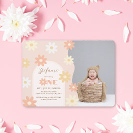 Retro Chic Bohemian Daisy 1:a födelsedag Baby Foto Inbjudningar