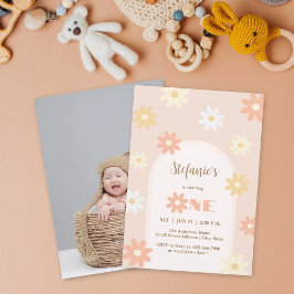 Retro Chic Bohemian Daisy 1:a födelsedag Baby Foto Inbjudningar