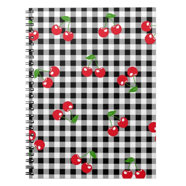 Retro Chic Cute Red Cherry Black White Gingham Anteckningsbok (Framsidan)