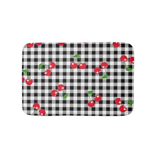 Retro Chic Cute Red Cherry Black & White Gingham Badrumsmatta (Framsidan)