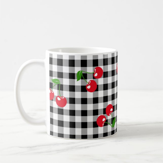 Retro Chic Cute Red Cherry Black White Gingham Kaffemugg (Vänster)