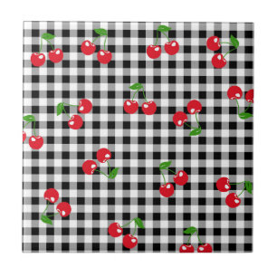 Retro Chic Cute Red Cherry Black White Gingham Kakelplatta