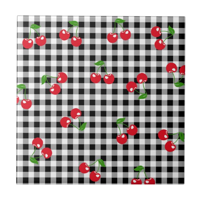 Retro Chic Cute Red Cherry Black White Gingham Kakelplatta (Framsidan)