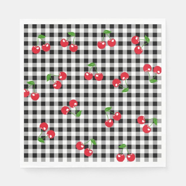Retro Chic Cute Red Cherry Black & White Gingham Pappersservett (Framsidan)