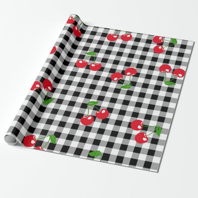 Retro Chic Cute Red Cherry Black & White Gingham Presentpapper (Utrullad)