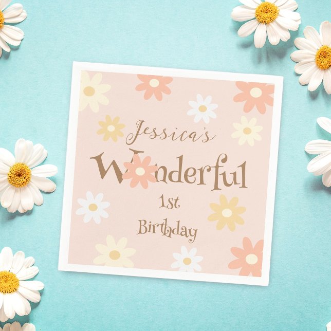 Retro Chic Daisy Flowers Cute Onederful Birthday Pappersservett (Skapare uppladdad)