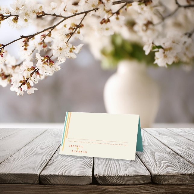 Retro-Chic-design med färgfull Rand Bröllop Placeringskort (Skapare uppladdad)