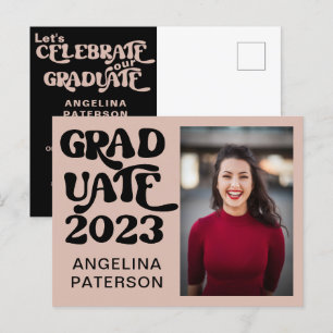 Retro Chic Foto Svart & Rosa Examenstårtajd Inbjudan Vykort