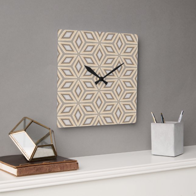 Retro Chic Grått Beige Taupe Brown Mandala Mönster Fyrkantig Klocka (Kontor)