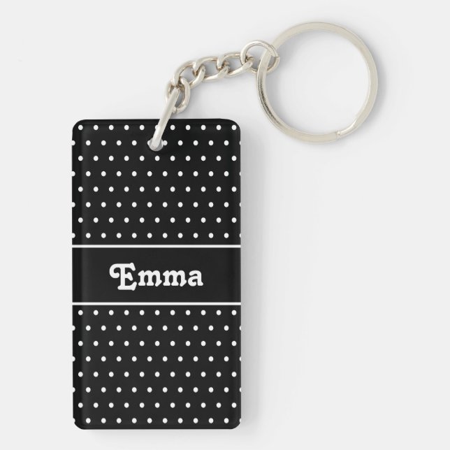 Retro Chic Namn Polka Dot Black and White Keychain (Baksidan)