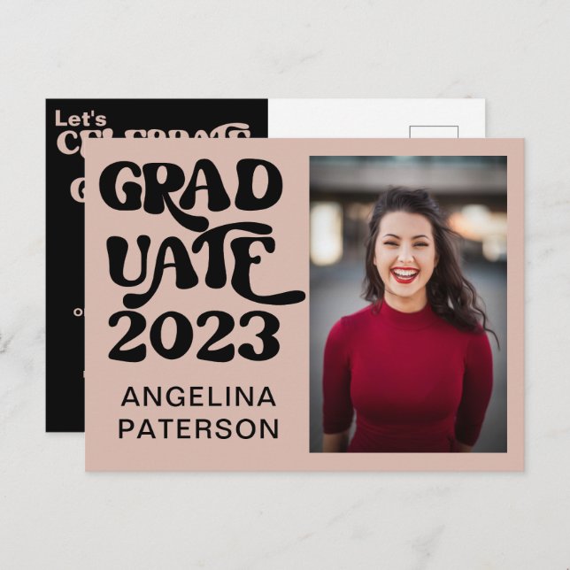 Retro Chic Photo Black & Rosa Student Party Inbjudan Vykort (Fram/baksida)