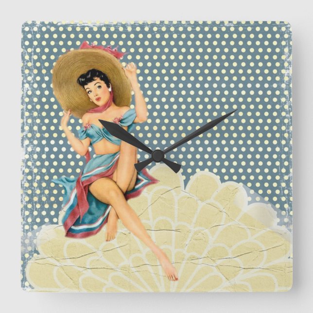 Retro Chic Pinup Girl Fyrkantig Klocka (Framsida)