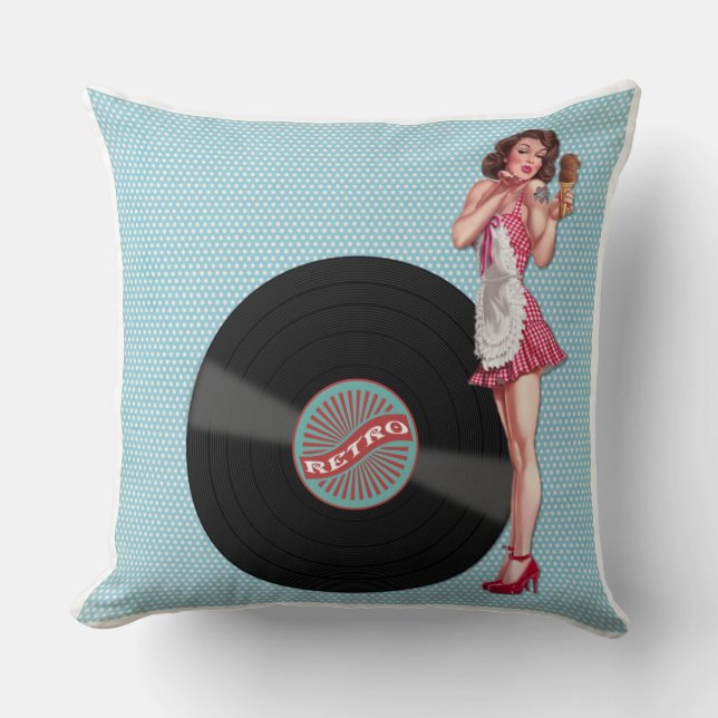 Retro Chic Pinup Vinyl Girl Kudde (Framsida)