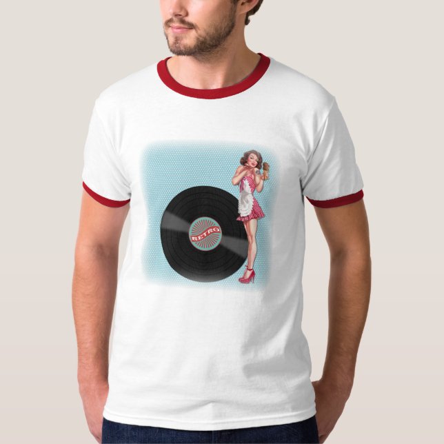 Retro Chic Pinup Vinyl Girl T-shirt (Framsida)