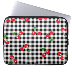 Retro Chic Red Cherry & Black White Gingham Trendi Laptop Fodral