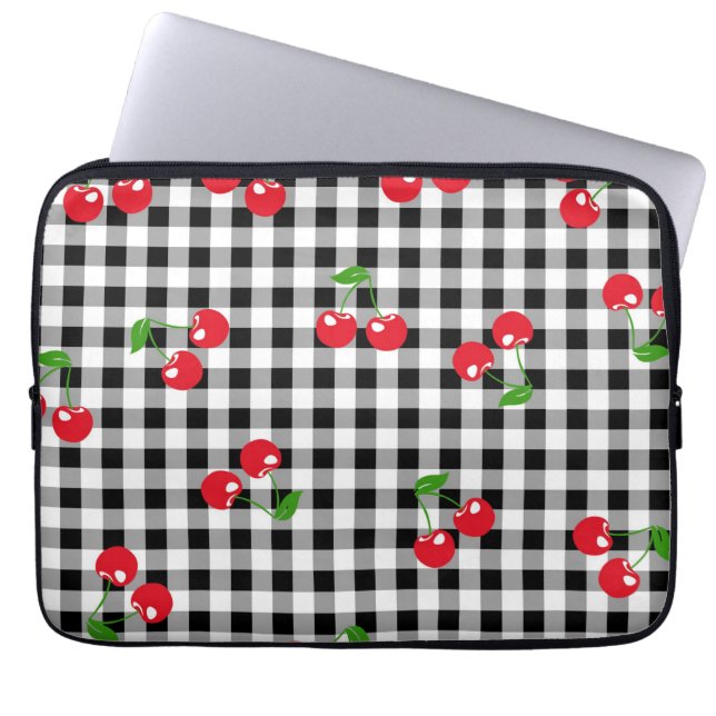 Retro Chic Red Cherry & Black White Gingham Trendi Laptop Fodral (Framsidan)