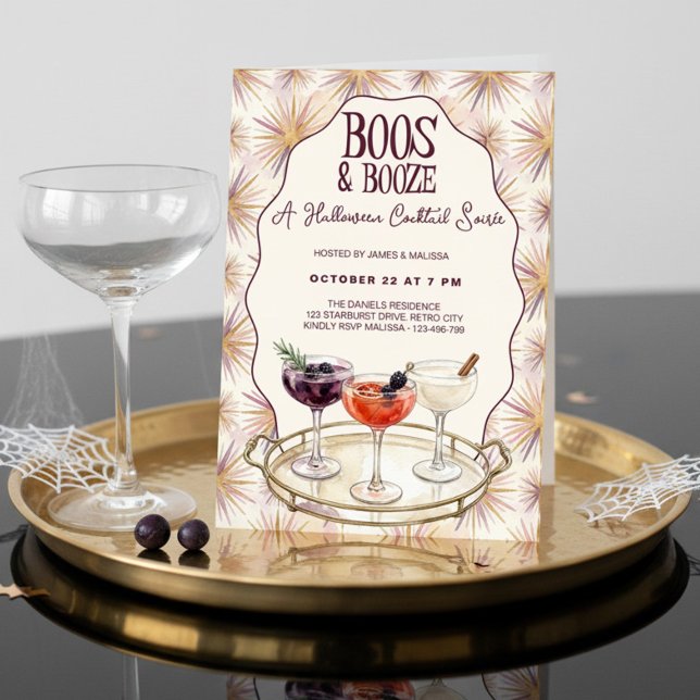 Retro Chic Spöken och Sprit Halloween Soaré Inbjudningar (Boos & Booze Halloween Party Invitation by Darling & May)