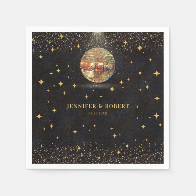 Retro Chic Svarta Guld Glitter Disco Bollar Bröllo Pappersservett (Framsidan)