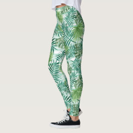 Retro Chic Tropical Grönt Handflatan Löv Mönster Leggings