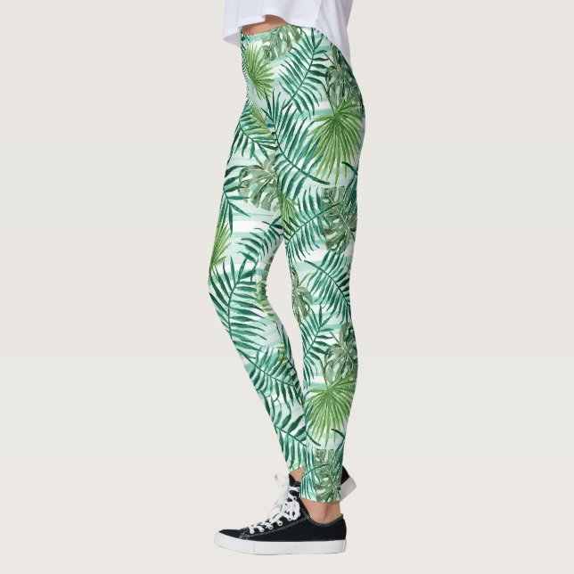 Retro Chic Tropical Grönt Handflatan Löv Mönster Leggings (Vänster)
