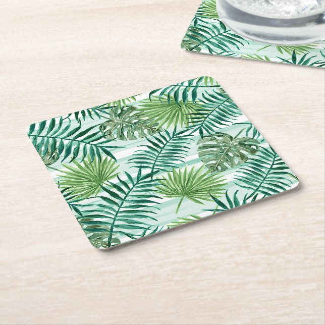 Retro Chic Tropisk Grön Palmblad Konst Mönster Underlägg Papper Kvadrat (Vinklad)