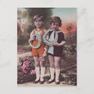 Retro Children with Lycka till Horse Shoes Postcar Vykort