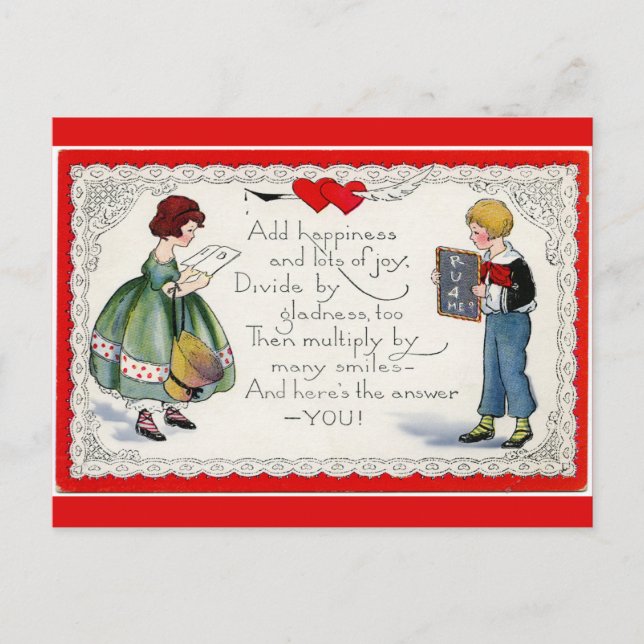 Retro Children's Valentine Red Helg Vykort (Framsida)