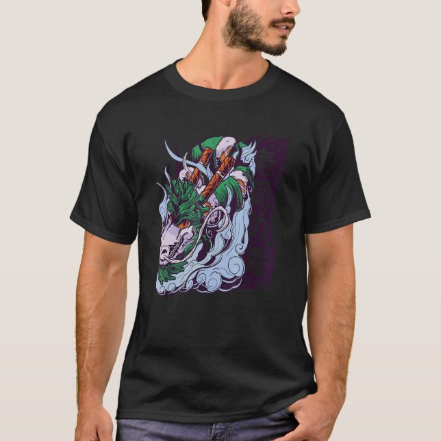 Retro Chinese Vatten Dragon Beard Asian Stil T Shirt (Framsida)