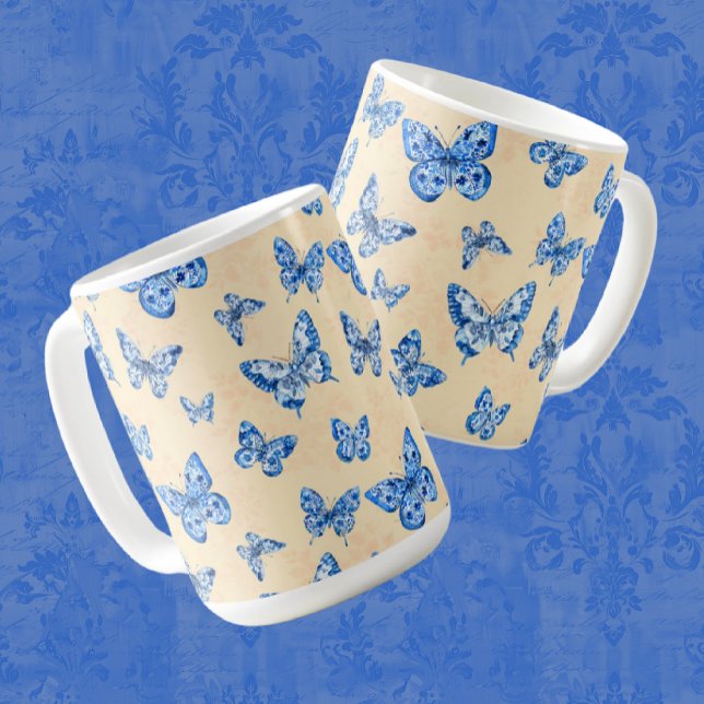 Retro Chinoiserie Blue Butterflies  Elfenbenskuste Kaffemugg (Skapare uppladdad)