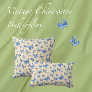 Retro Chinoiserie Blue Butterflies Elfenbenskuste Kudde