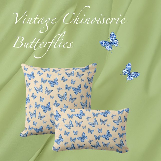 Retro Chinoiserie Blue Butterflies  Elfenbenskuste Kudde (Skapare uppladdad)