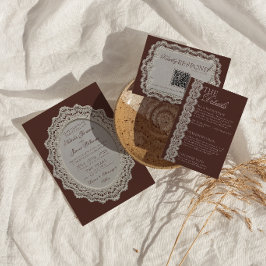 Retro chokladbrun spetsdoily gammaldags bröllop inbjudningar