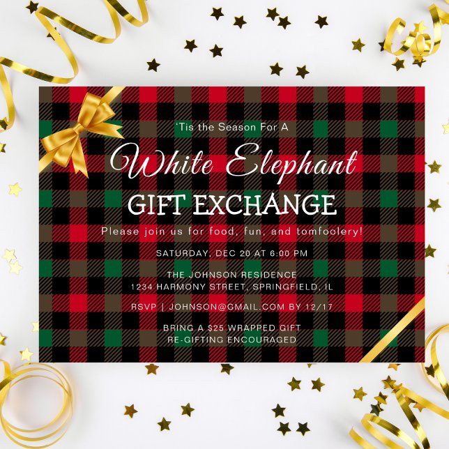 Retro Chrismas Play White Elephant Gift Exchange Inbjudningar (Retro Chrismas Plaid White Elephant Gift Exchange Invitation)