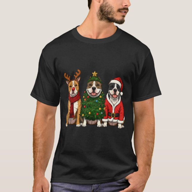 Retro Christmas American Bully Santa Reindeer Dog  T Shirt (Framsida)