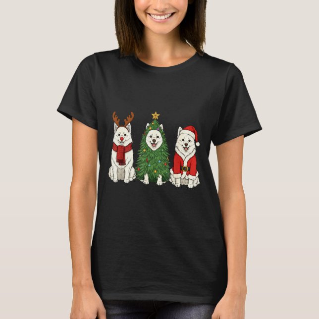 Retro Christmas American Eskimo Dog Santa Reindeer T Shirt (Framsida)