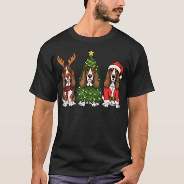 Retro Christmas Basset Hound Santa Reindeer Dog Lo T Shirt (Framsida)