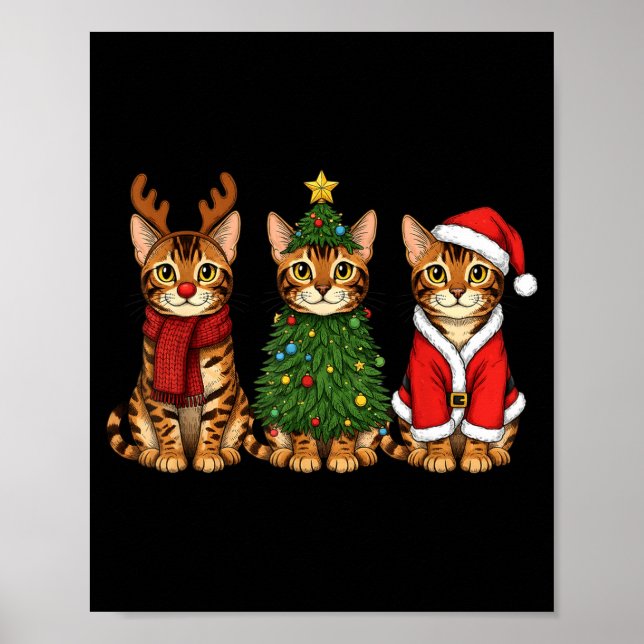 Retro Christmas Bengal Cat Santa Reindeer  Poster (Framsidan)