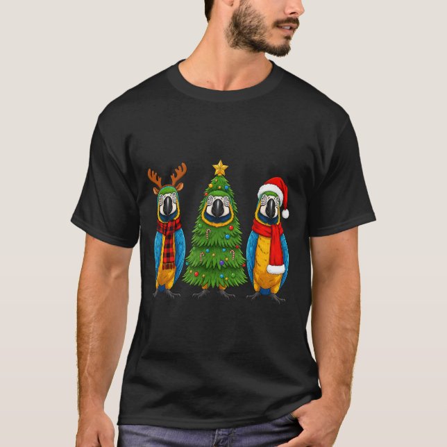 Retro Christmas Blue And Yellow Macaw Parrot Santa T Shirt (Framsida)