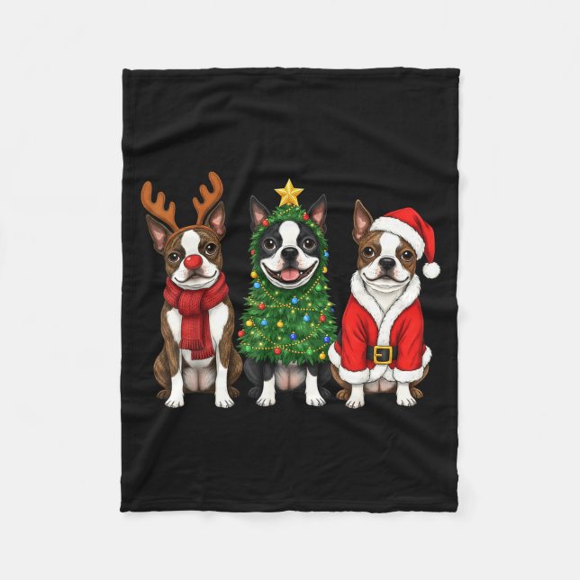Retro Christmas Boston Terrier Santa Reindeer Dog  Fleecefilt (Framsidan)