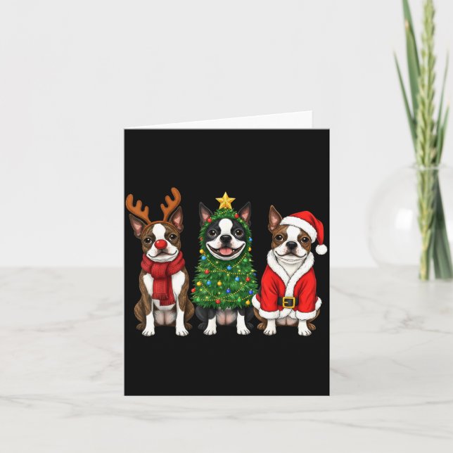 Retro Christmas Boston Terrier Santa Reindeer Dog  Kort (Framsida)