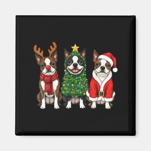 Retro Christmas Boston Terrier Santa Reindeer Dog  Magnet (Framsidan)