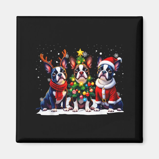 Retro Christmas Boston Terrier Santa Reindeer Dog  Magnet (Framsidan)